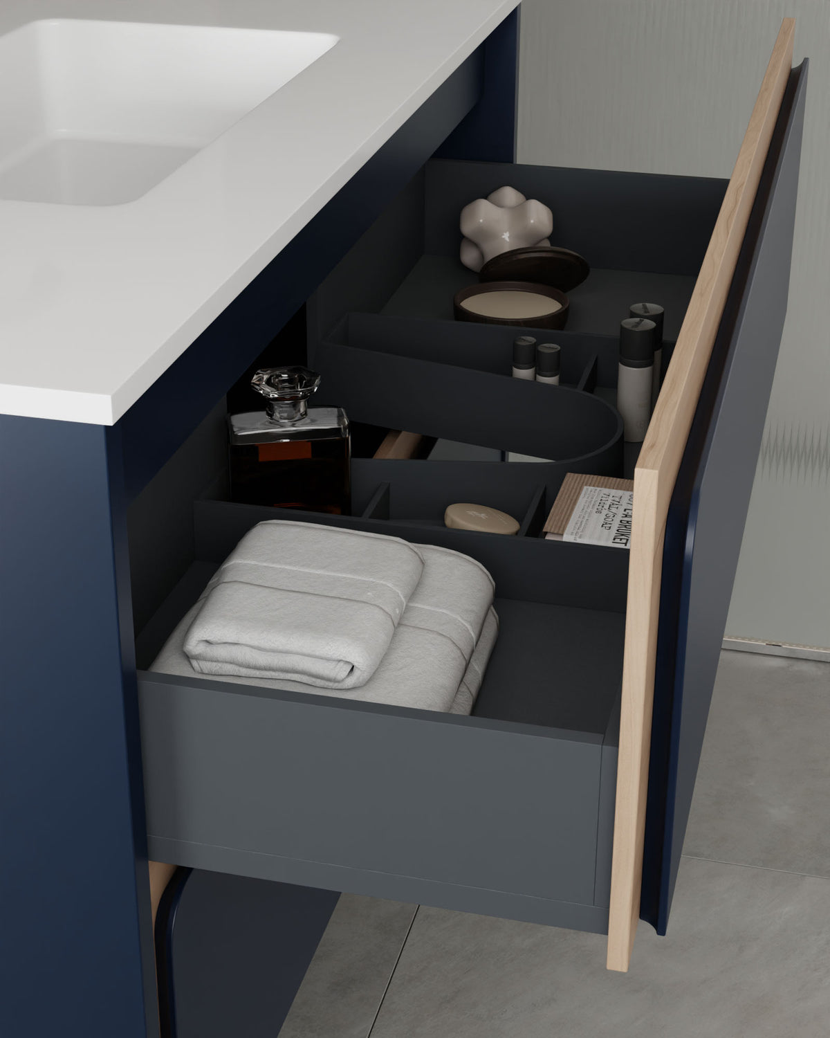 Cyra 2 cajones zafiro roble marfil – con lavabo integrado Toren Blanco, Faldón 10 cm, sin agujero de grifo, vista del cajón