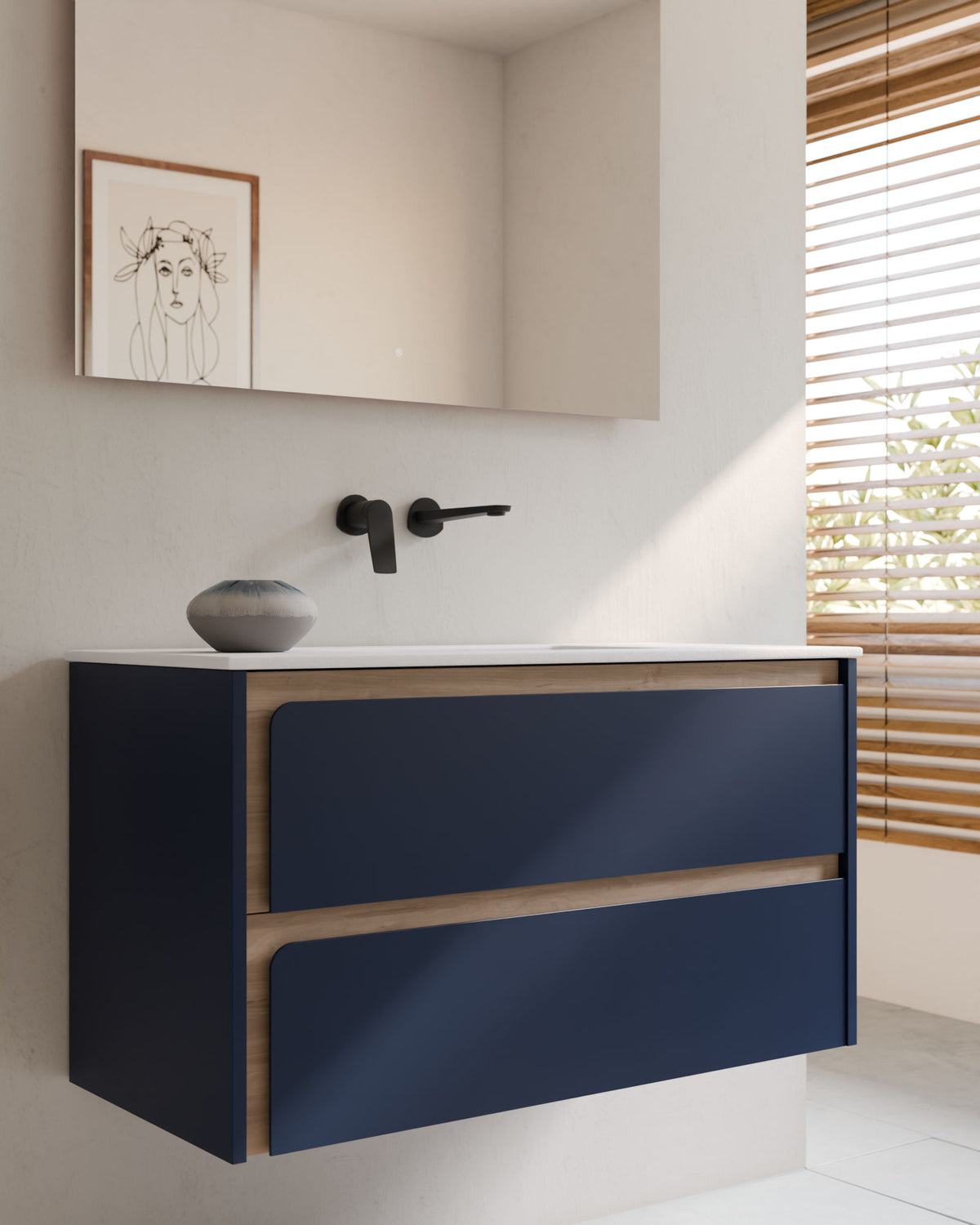 Cyra 2 cajones zafiro roble marfil – con lavabo integrado Toren Blanco, Faldón 2 cm, sin agujero de grifo, primer plano