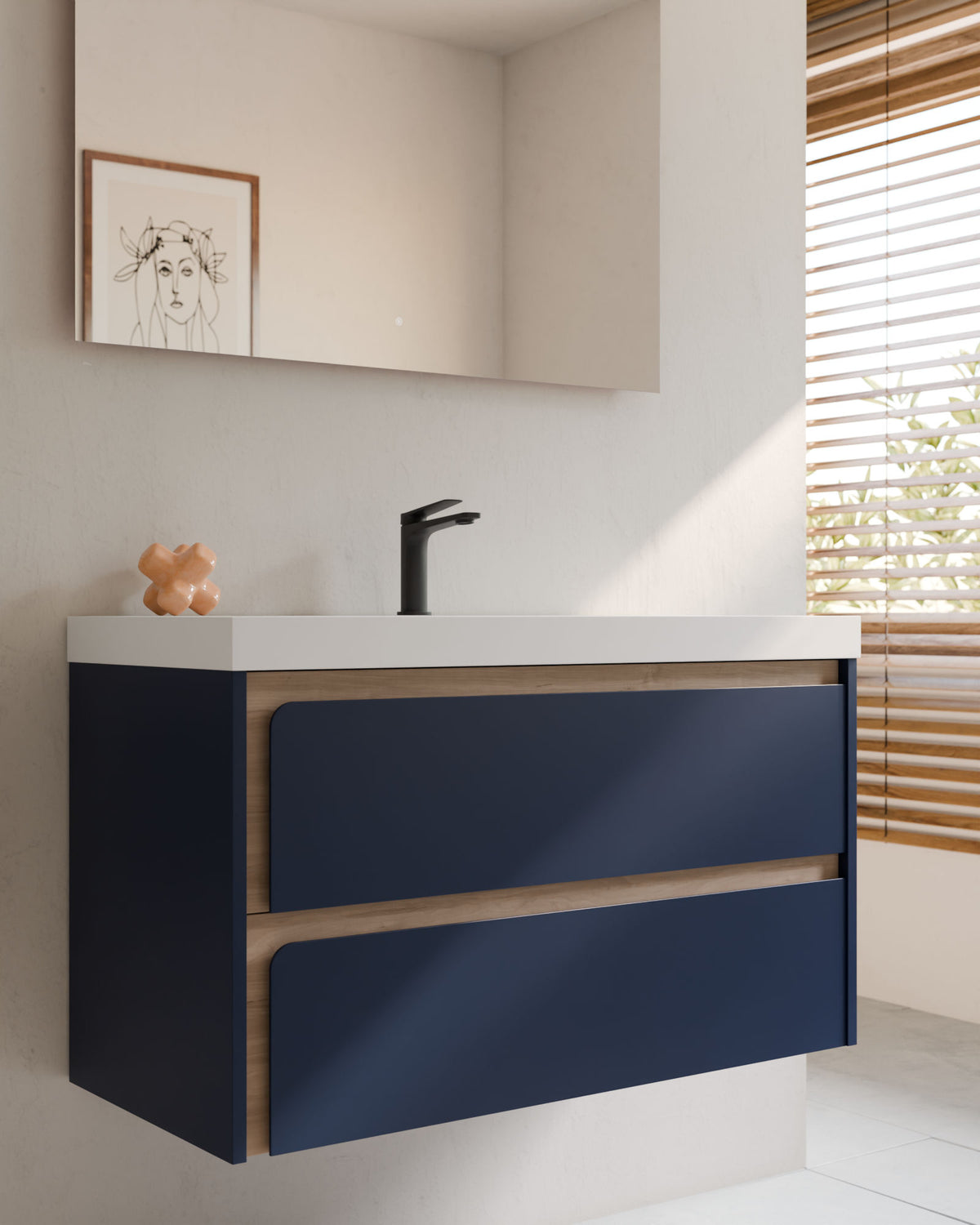 Cyra 2 cajones zafiro roble marfil – con lavabo integrado Ardelia Blanco, Faldón 6 cm, con agujero de grifo, primer plano