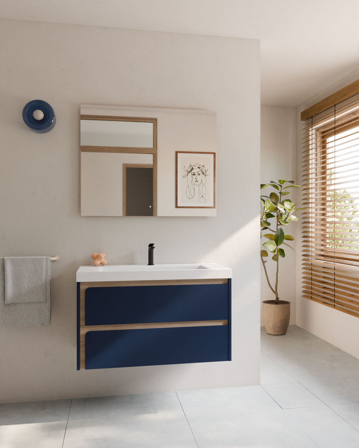Cyra 2 cajones zafiro roble marfil – con lavabo integrado Ardelia Blanco, Faldón 6 cm, con agujero de grifo, vista frontal