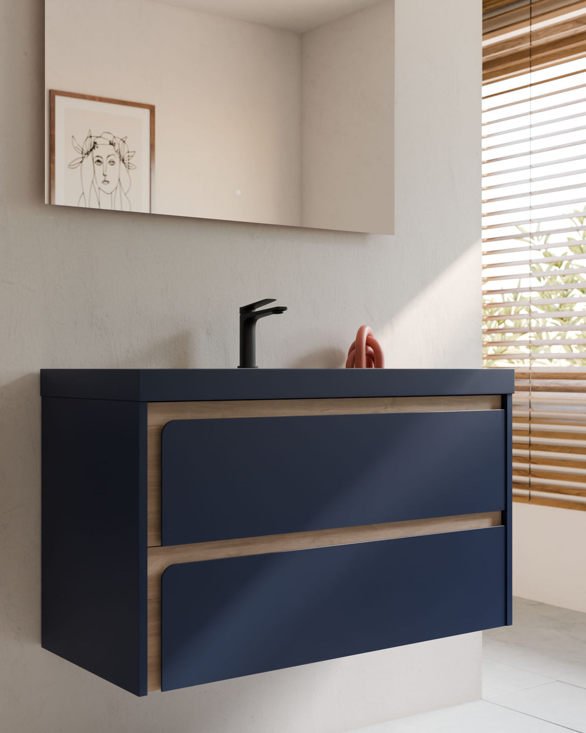 Cyra 2 cajones zafiro roble marfil – con lavabo integrado Ardelia Zafiro, Faldón 6 cm, con agujero de grifo, primer plano