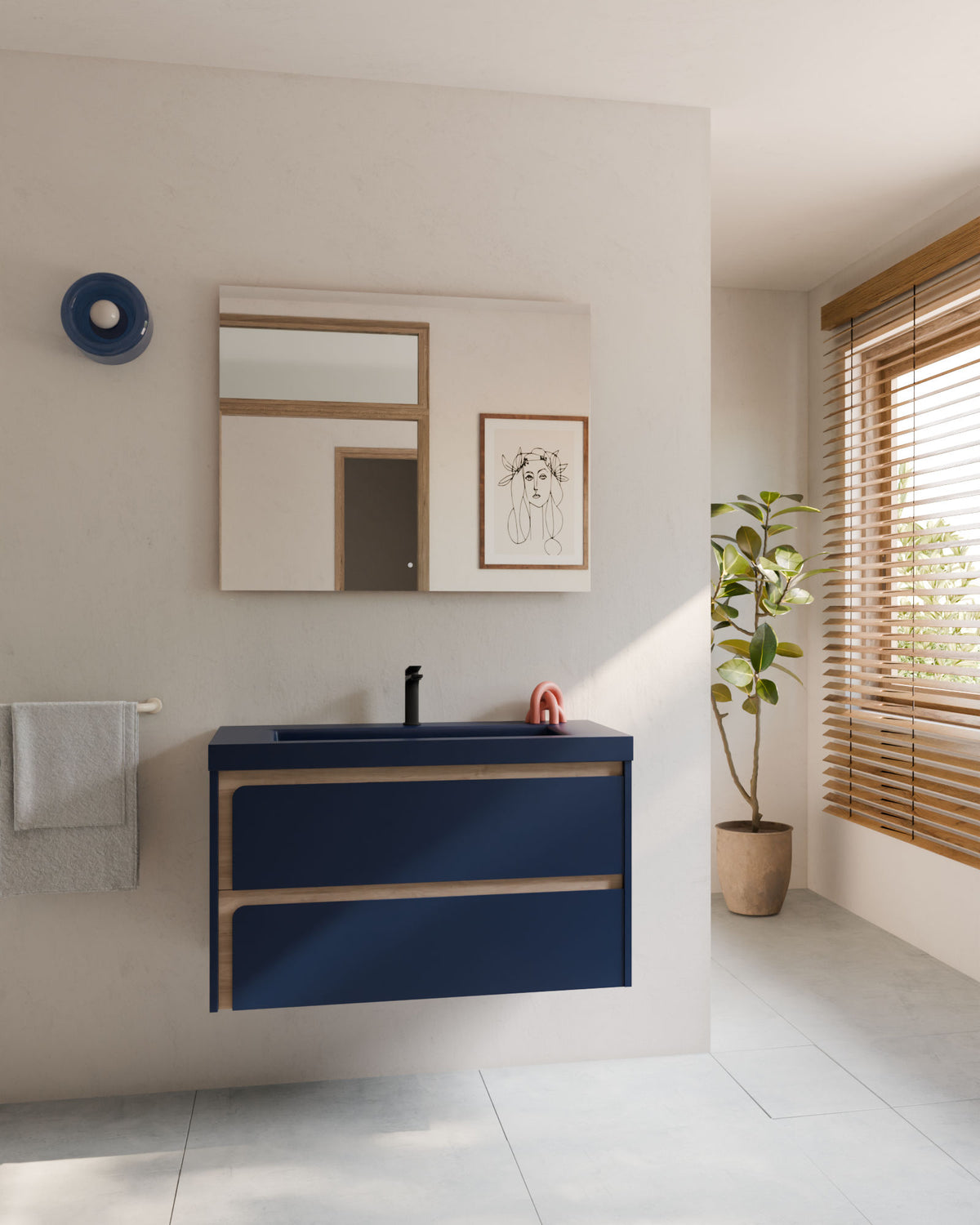 Cyra 2 cajones zafiro roble marfil – con lavabo integrado Ardelia Zafiro, Faldón 6 cm, con agujero de grifo, vista frontal