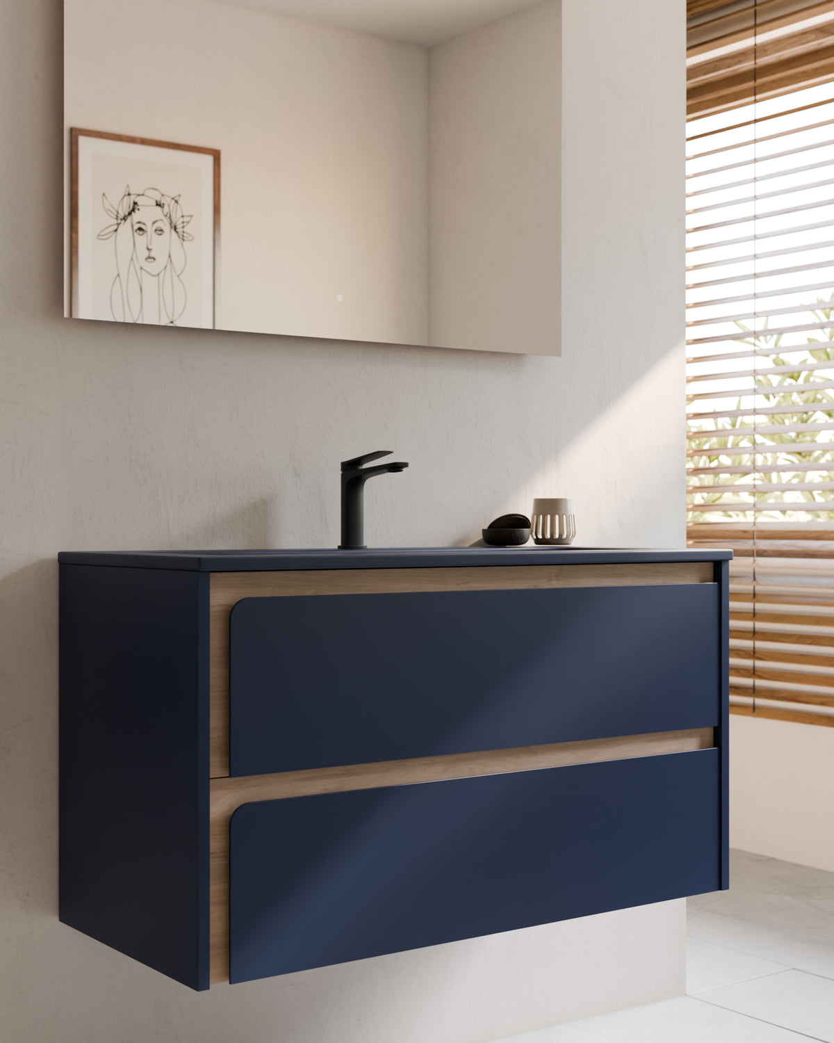 Cyra 2 cajones zafiro roble marfil – con lavabo integrado Meira Zafiro, Faldón 2 cm, con agujero de grifo, primer plano