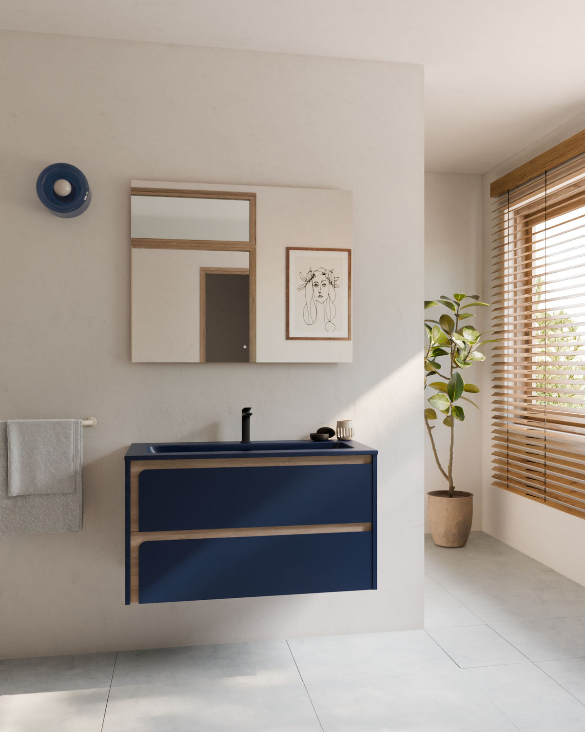 Cyra 2 cajones zafiro roble marfil – con lavabo integrado Meira Zafiro, Faldón 2 cm, con agujero de grifo, vista frontal