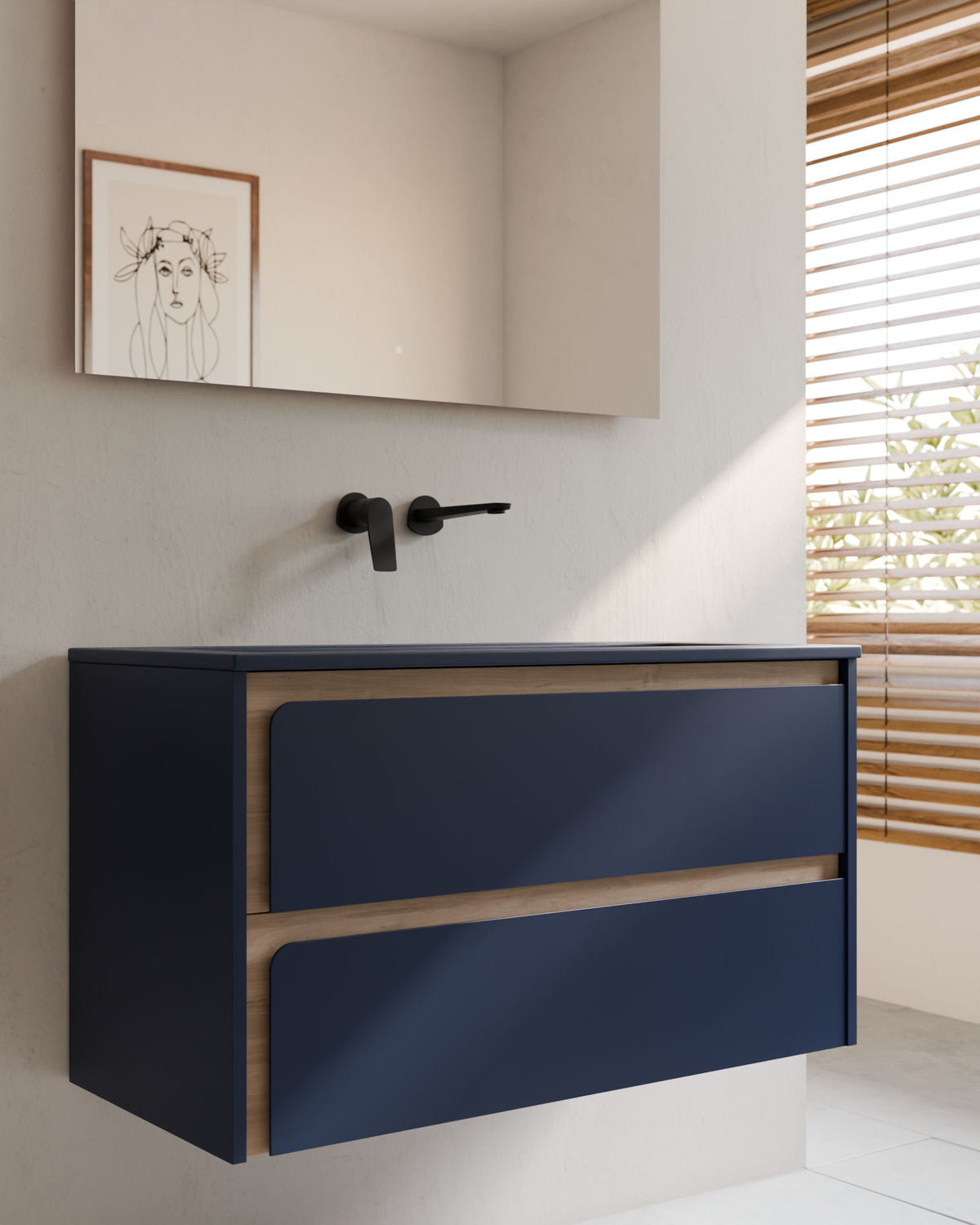 Cyra 2 cajones zafiro roble marfil – con lavabo integrado Meira Zafiro, Faldón 2 cm, sin agujero de grifo, primer plano