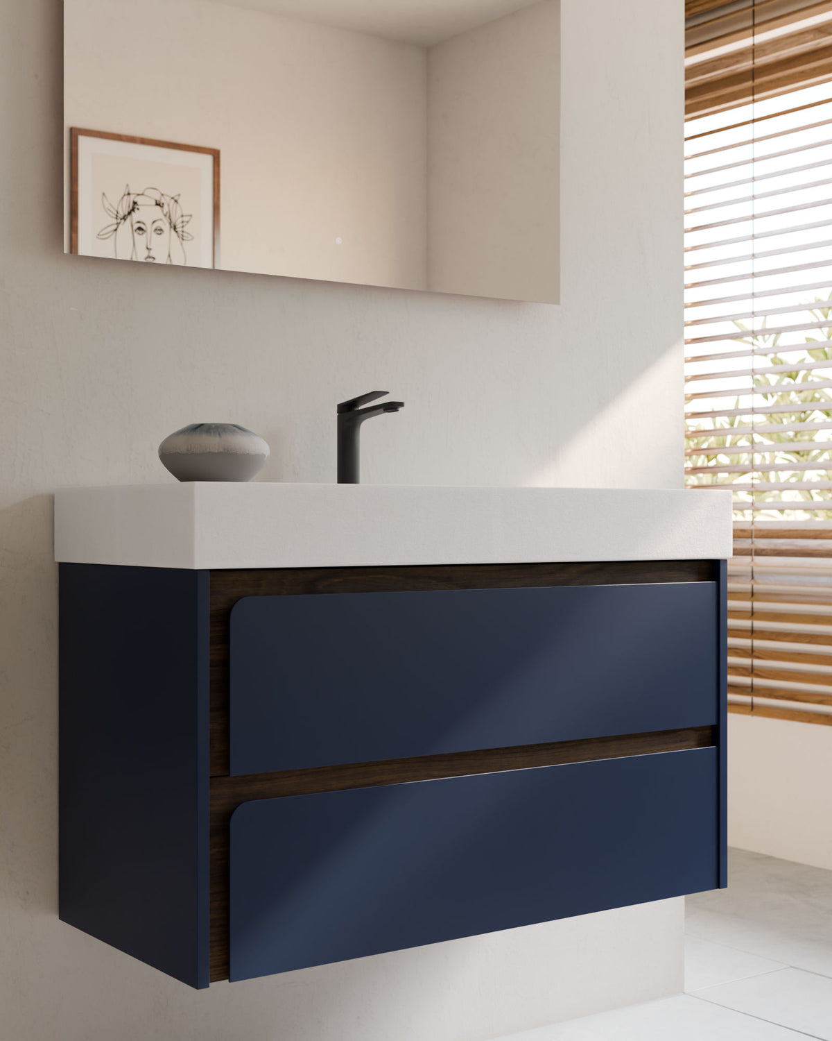 Cyra 2 cajones zafiro nogal – con lavabo integrado Toren Blanco, Faldón 10 cm, con agujero de grifo, primer plano