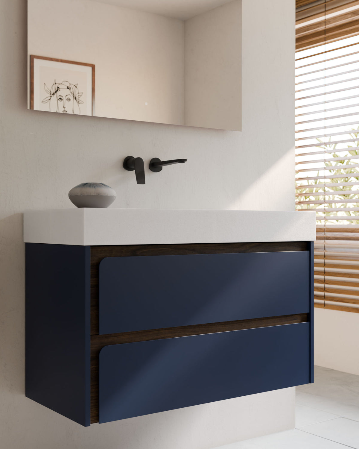 Cyra 2 cajones zafiro nogal – con lavabo integrado Toren Blanco, Faldón 10 cm, sin agujero de grifo, primer plano