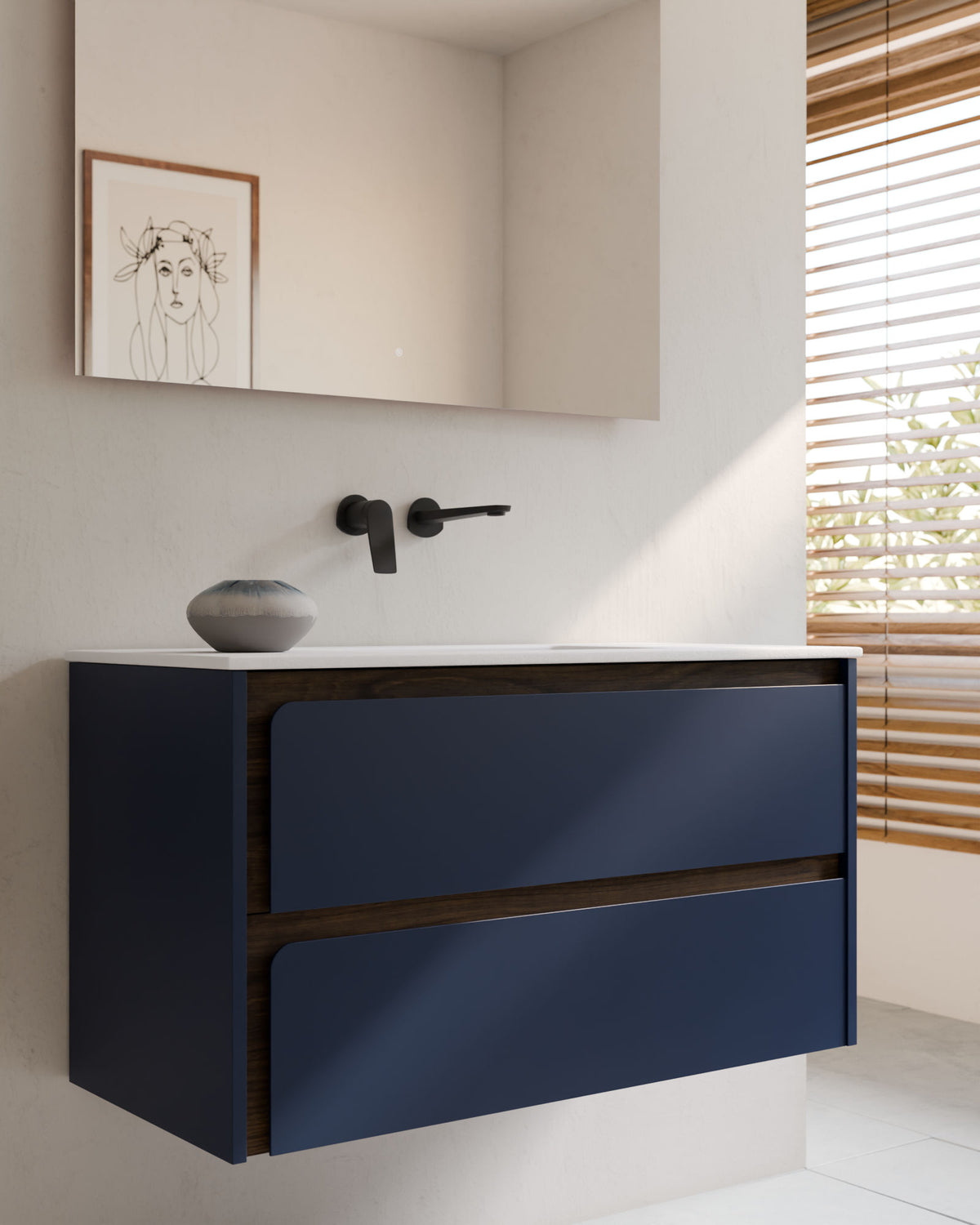 Cyra 2 cajones zafiro nogal – con lavabo integrado Toren Blanco, Faldón 2 cm, sin agujero de grifo, primer plano