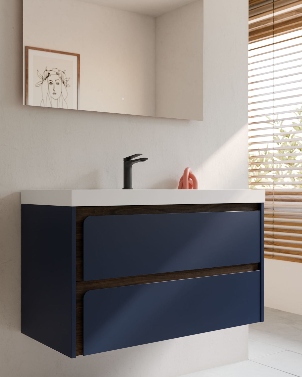 Cyra 2 cajones zafiro nogal – con lavabo integrado Ardelia Blanco, Faldón 6 cm, con agujero de grifo, primer plano