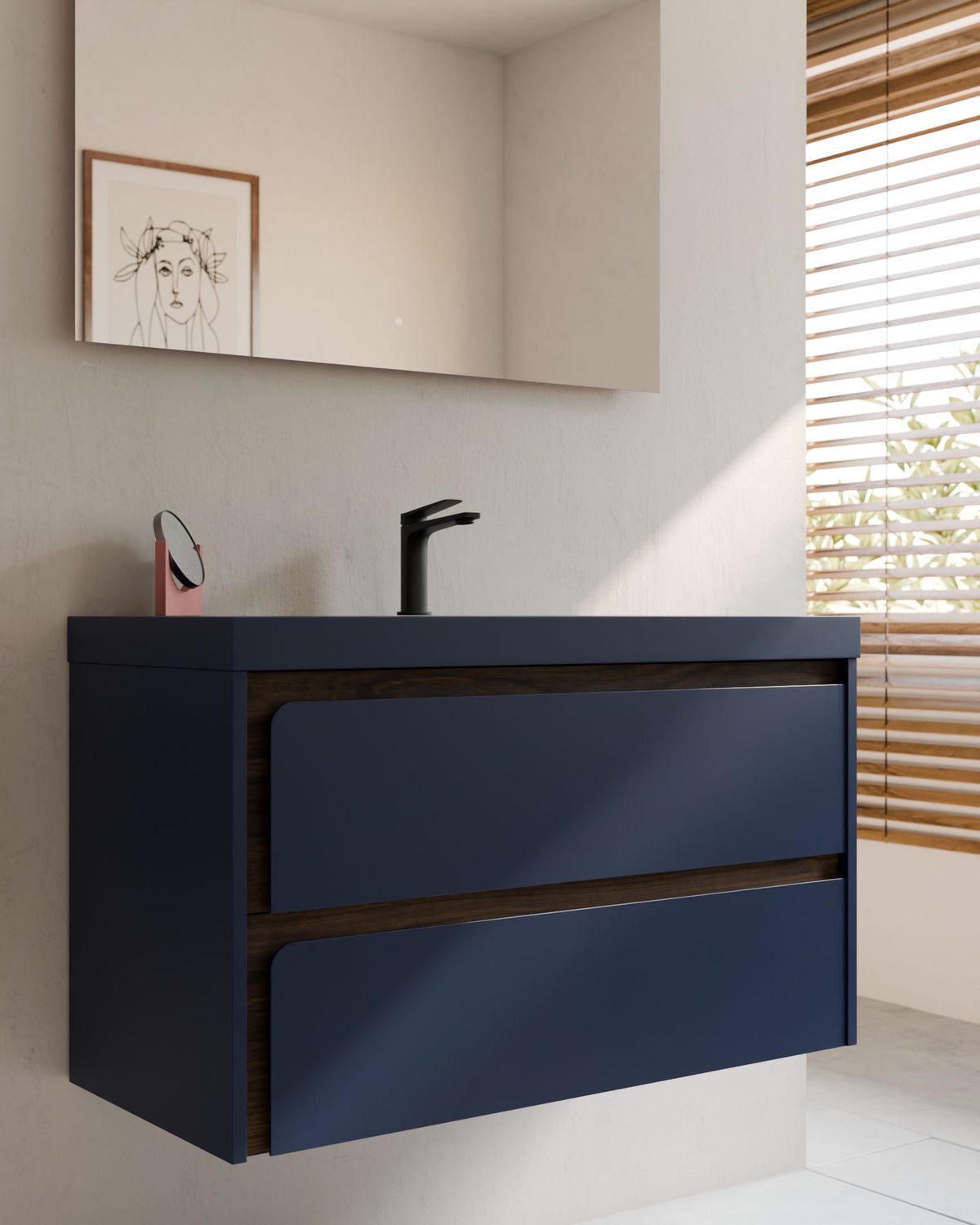 Cyra 2 cajones zafiro nogal – con lavabo integrado Ardelia Zafiro, Faldón 6 cm, con agujero de grifo, primer plano