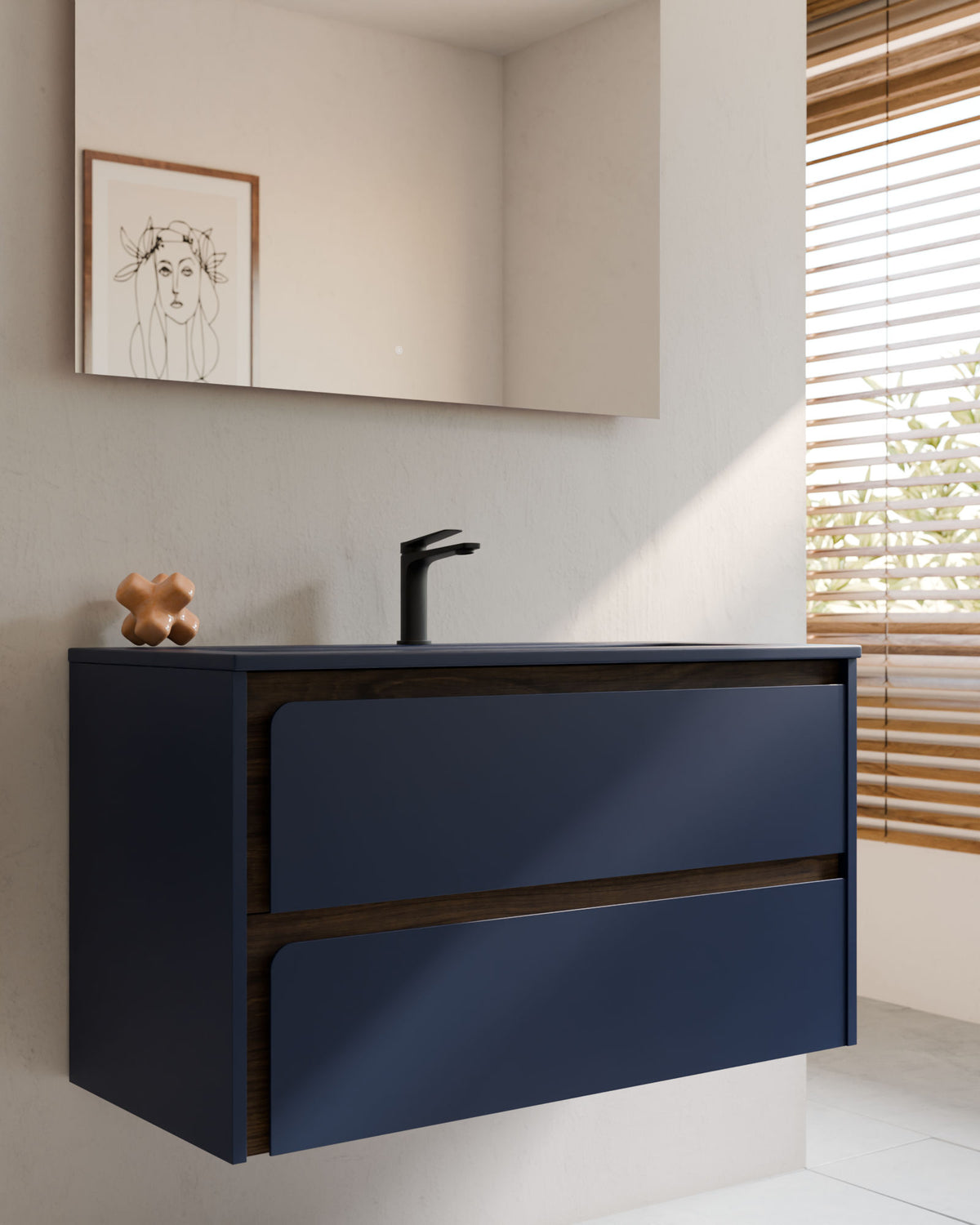 Cyra 2 cajones zafiro nogal – con lavabo integrado Meira Zafiro, Faldón 2 cm, con agujero de grifo, primer plano