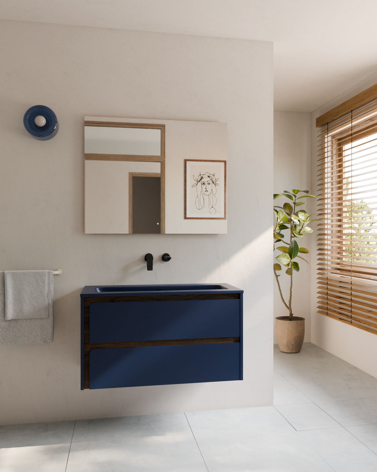 Cyra 2 cajones zafiro nogal – con lavabo integrado Meira Zafiro, Faldón 2 cm, sin agujero de grifo, vista frontal