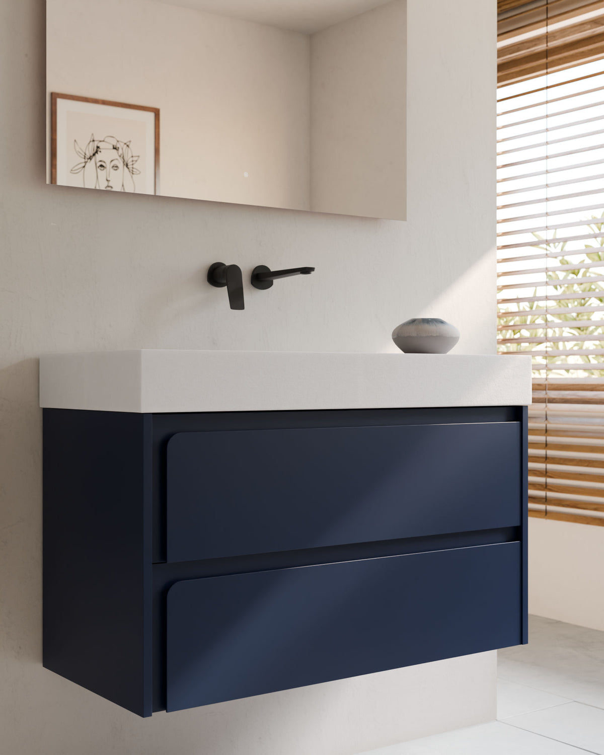 Cyra 2 cajones zafiro zafiro – con lavabo integrado Toren Blanco, Faldón 10 cm, sin agujero de grifo, primer plano