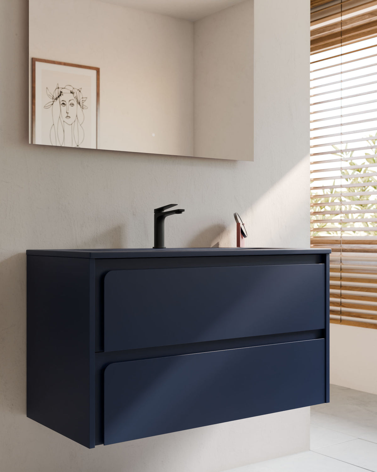 Cyra 2 cajones zafiro zafiro – con lavabo integrado Meira Zafiro, Faldón 2 cm, con agujero de grifo, primer plano