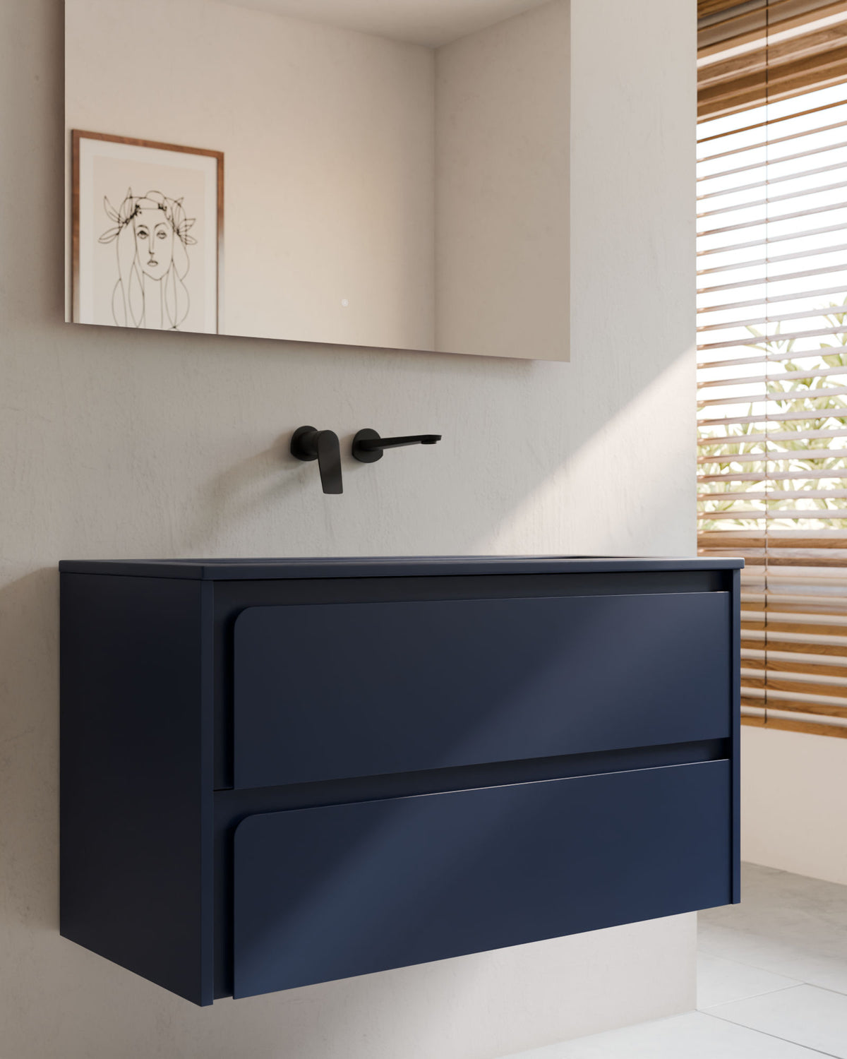 Cyra 2 cajones zafiro zafiro – con lavabo integrado Meira Zafiro, Faldón 2 cm, sin agujero de grifo, primer plano