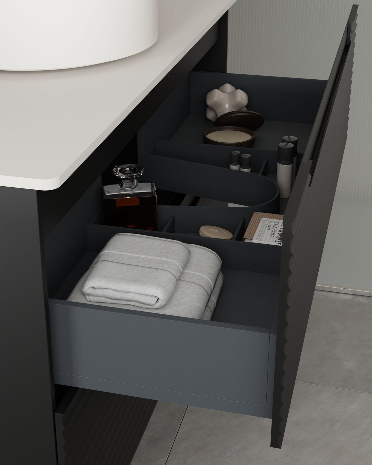 Kairo 2 Schubladen Schwarz – mit Arbeitsplatte Weiß, Schubladenansicht