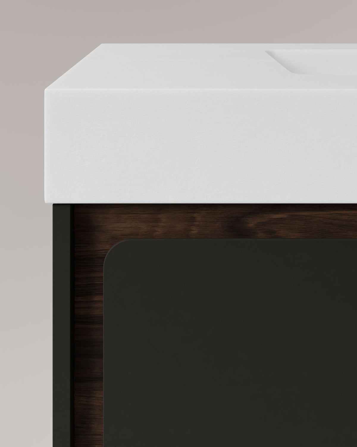 Cyra 2 tiroirs Noir Noyer – avec plan vasque Toren Blanc, Tablier 10 cm, avec trou de robinet, vue de détail