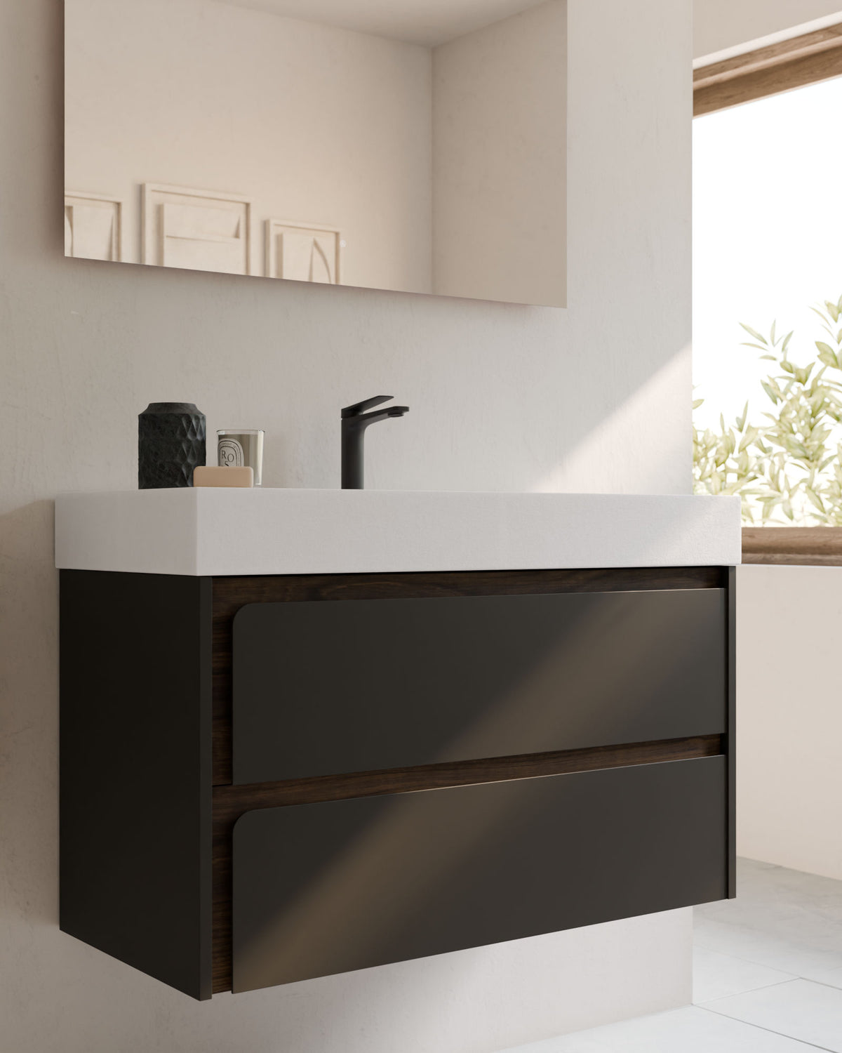 Cyra 2 tiroirs Noir Noyer – avec plan vasque Toren Blanc, Tablier 10 cm, avec trou de robinet, gros plan