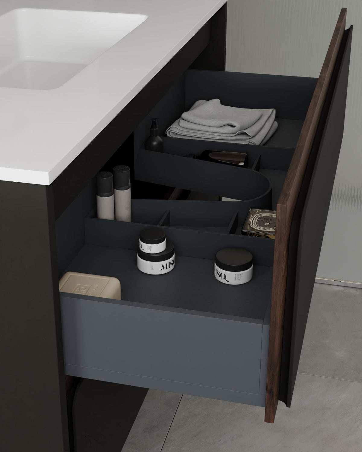Cyra 2 tiroirs Noir Noyer – avec plan vasque Toren Blanc, Tablier 10 cm, avec trou de robinet, vue du tiroir