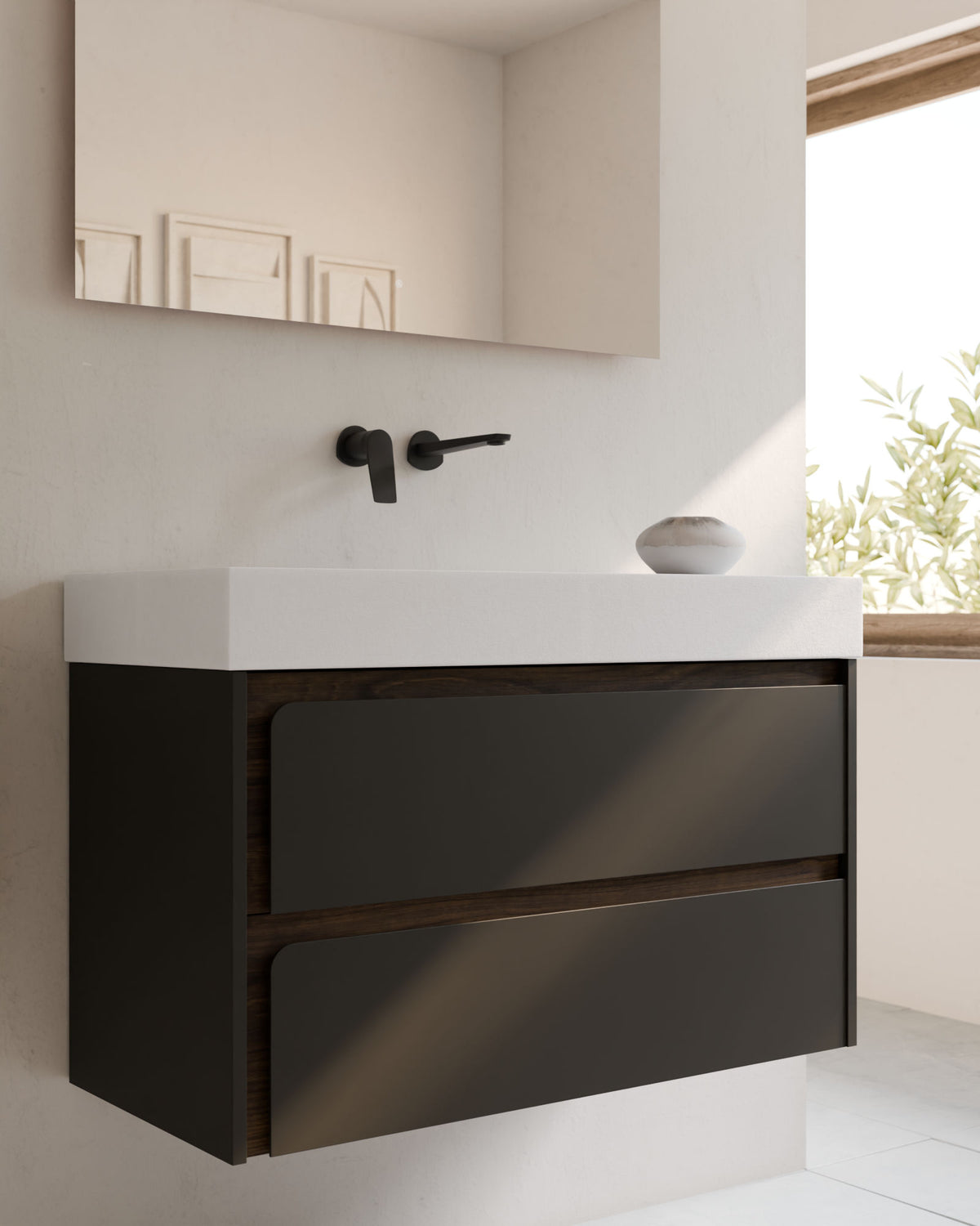 Cyra 2 tiroirs Noir Noyer – avec plan vasque Toren Blanc, Tablier 10 cm, sans trou de robinet, gros plan