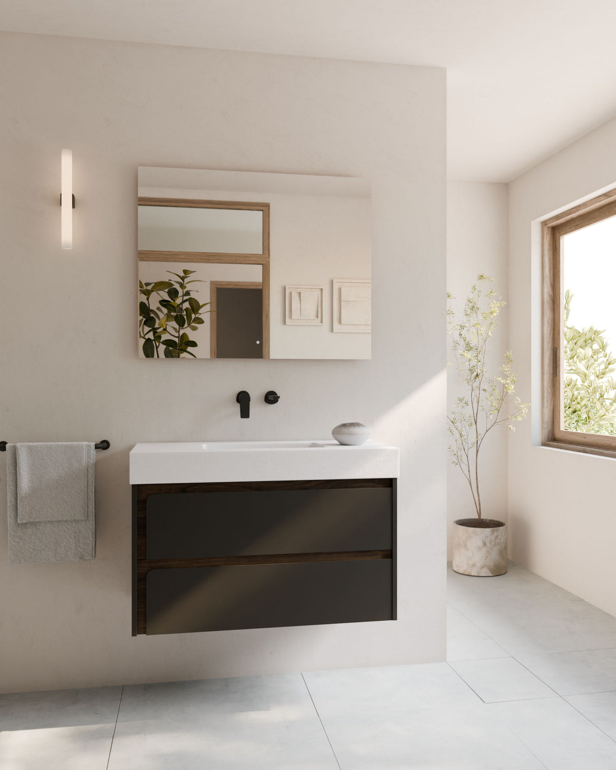 Cyra 2 tiroirs Noir Noyer – avec plan vasque Toren Blanc, Tablier 10 cm, sans trou de robinet, vue de face