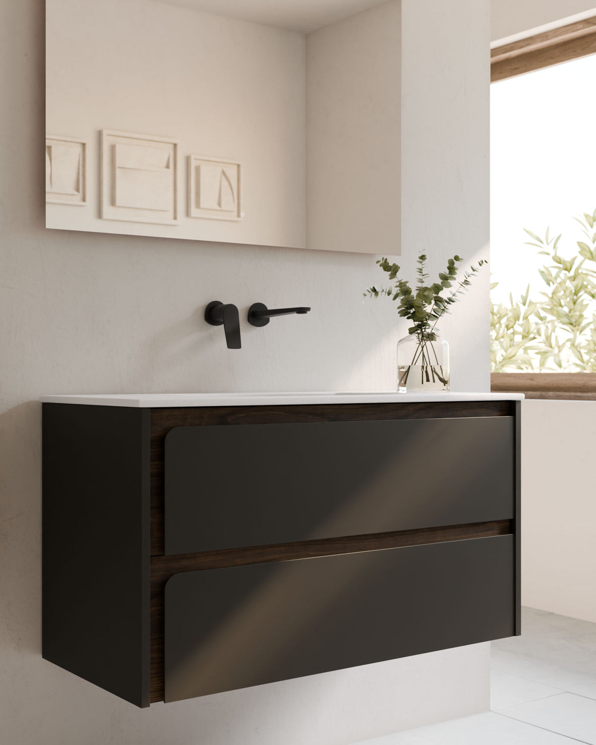 Cyra 2 tiroirs Noir Noyer – avec plan vasque Toren Blanc, Tablier 2 cm, sans trou de robinet, gros plan