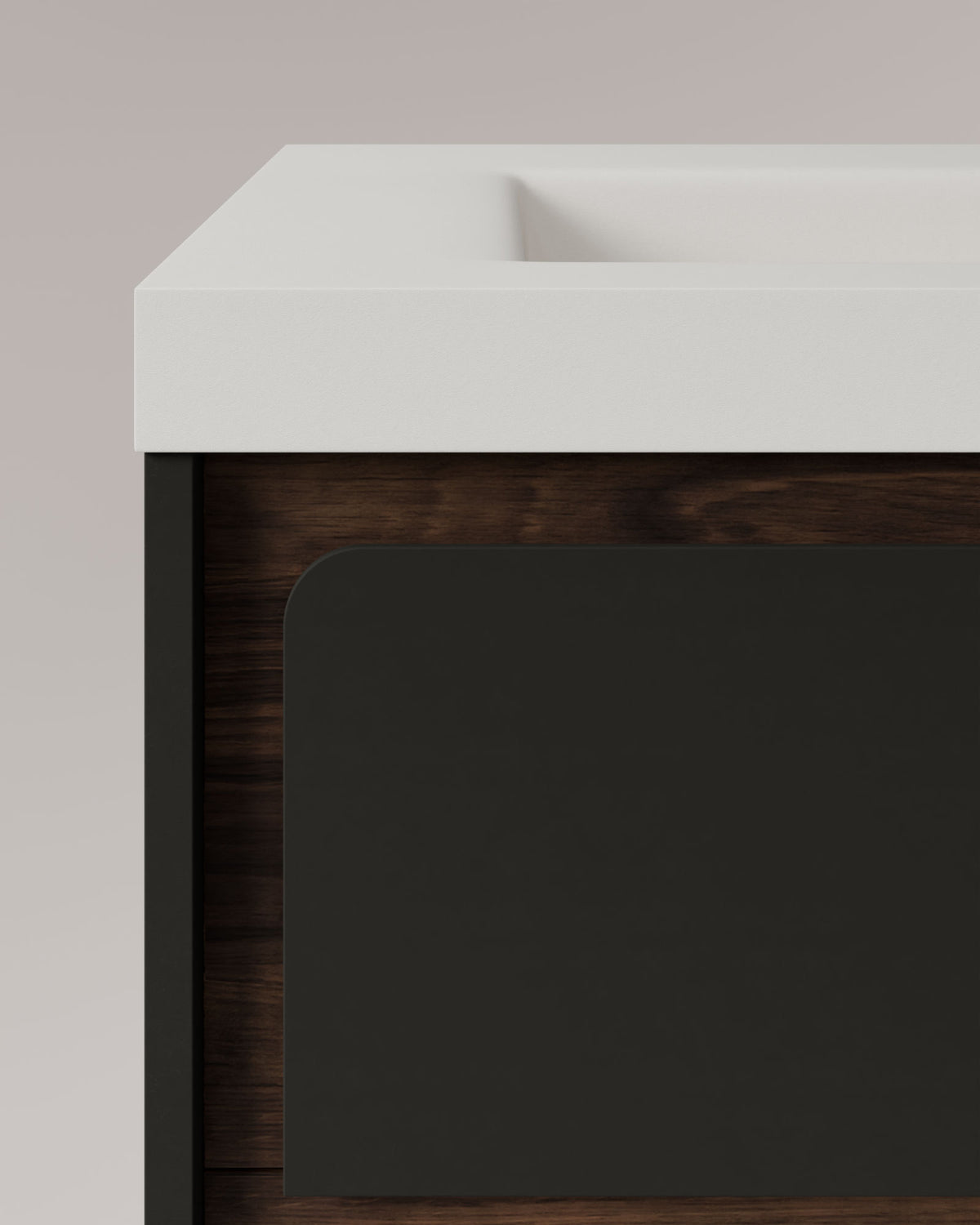 Cyra 2 tiroirs Noir Noyer – avec plan vasque Ardelia Blanc, Tablier 6 cm, avec trou de robinet, vue de détail