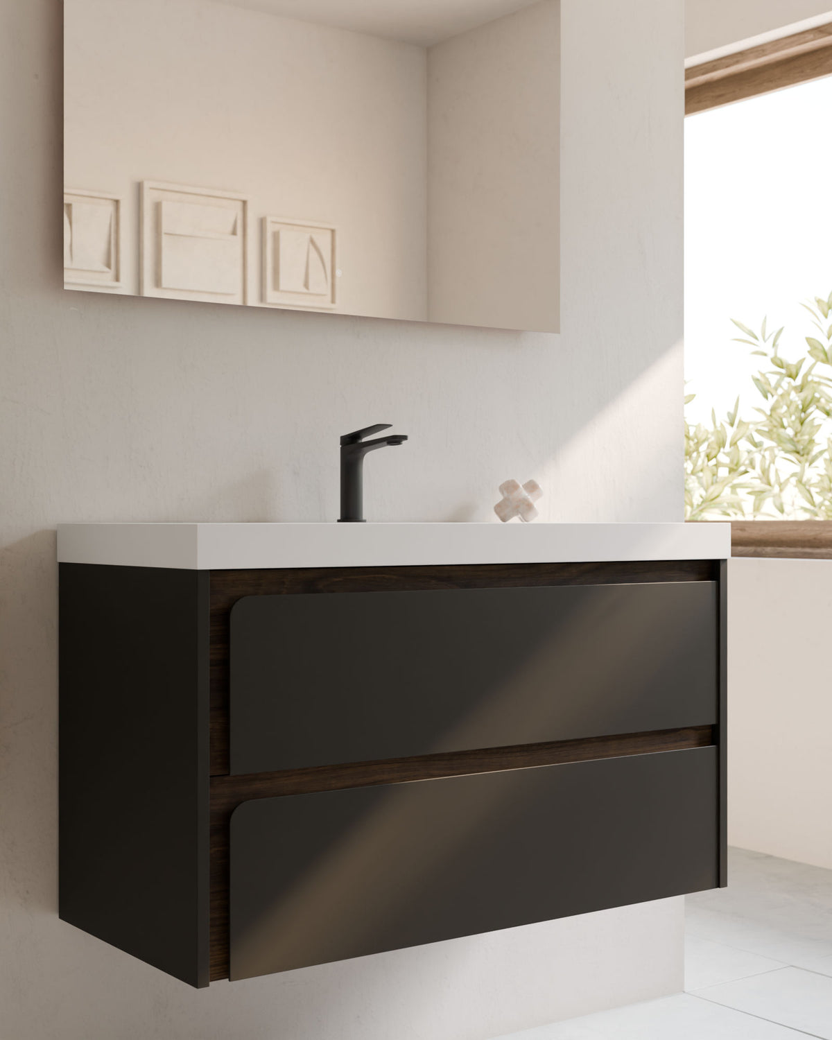 Cyra 2 tiroirs Noir Noyer – avec plan vasque Ardelia Blanc, Tablier 6 cm, avec trou de robinet, gros plan