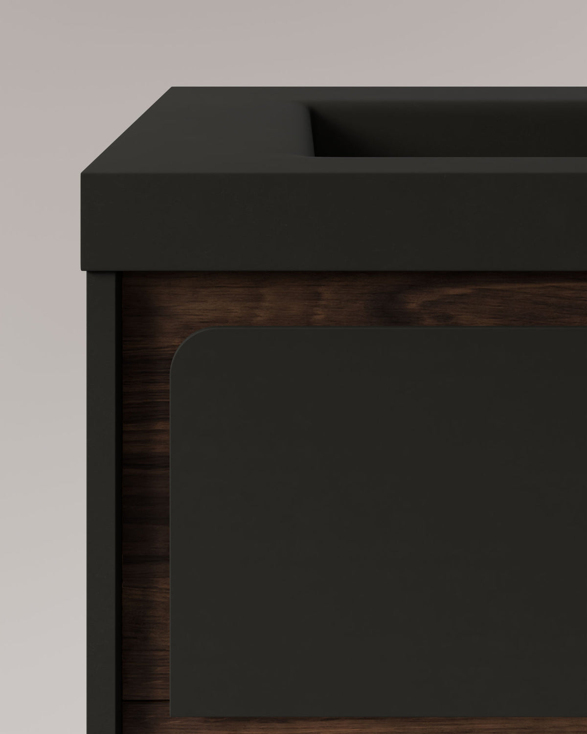 Cyra 2 tiroirs Noir Noyer – avec plan vasque Ardelia Noir, Tablier 6 cm, avec trou de robinet, vue de détail