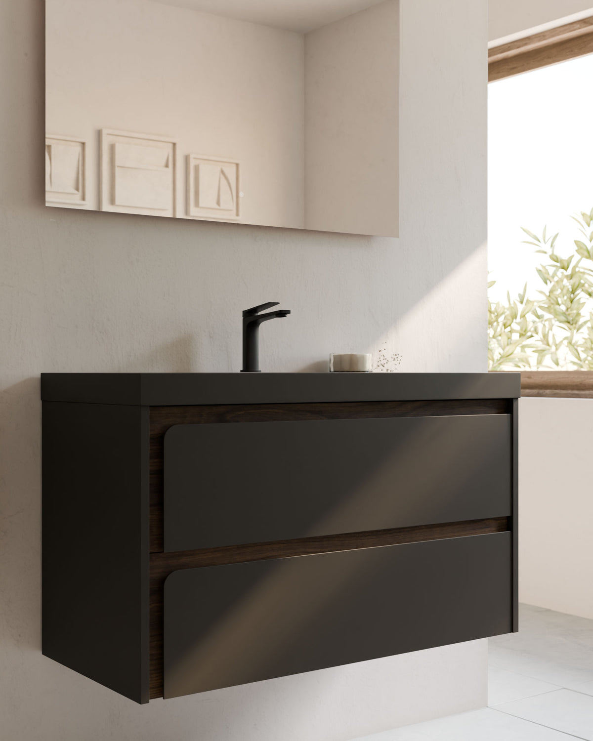 Cyra 2 tiroirs Noir Noyer – avec plan vasque Ardelia Noir, Tablier 6 cm, avec trou de robinet, gros plan