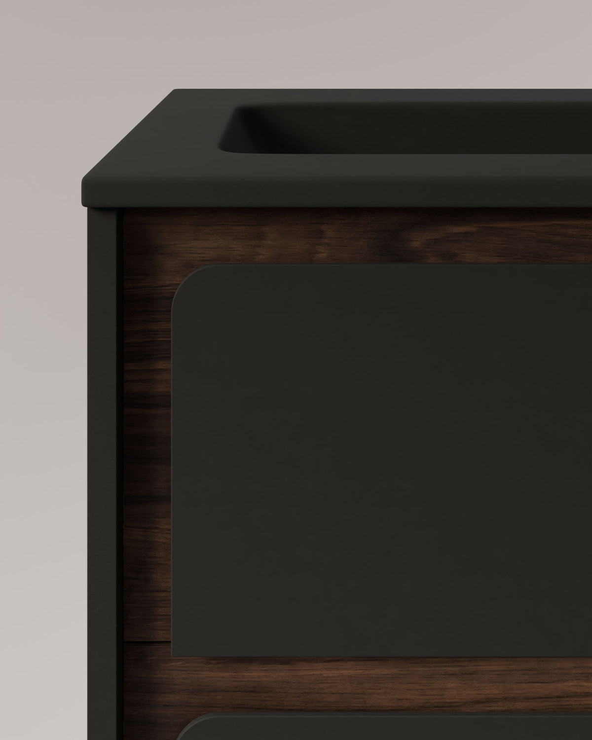 Cyra 2 tiroirs Noir Noyer – avec plan vasque Meira Noir, Tablier 2 cm, sans trou de robinet, vue de détail