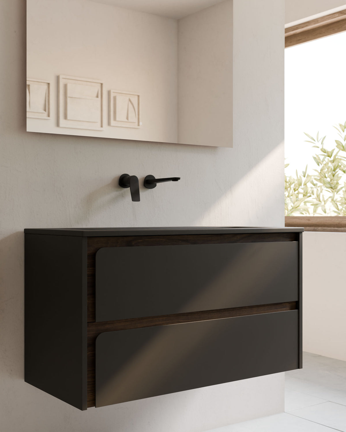 Cyra 2 tiroirs Noir Noyer – avec plan vasque Meira Noir, Tablier 2 cm, sans trou de robinet, gros plan