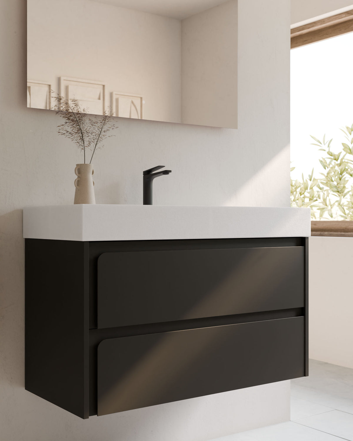 Cyra 2 cajones negro negro – con lavabo integrado Toren Blanco, Faldón 10 cm, con agujero de grifo, primer plano