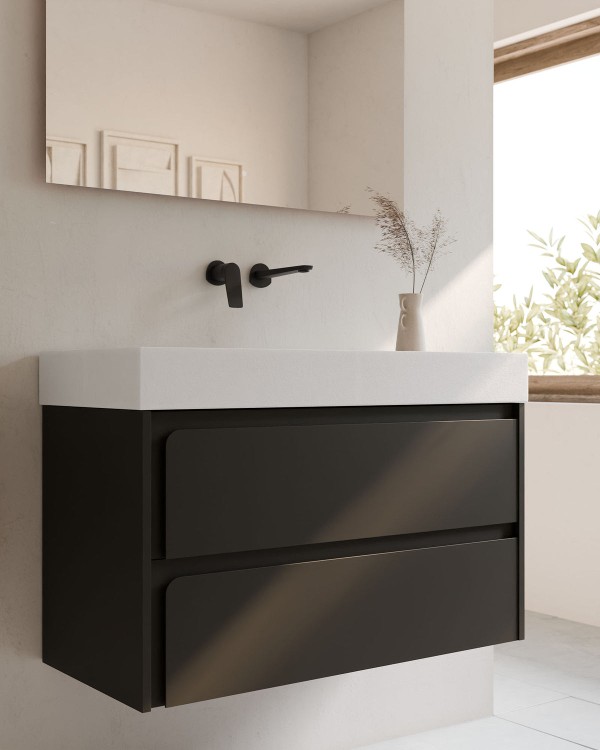 Cyra 2 cajones negro negro – con lavabo integrado Toren Blanco, Faldón 10 cm, sin agujero de grifo, primer plano