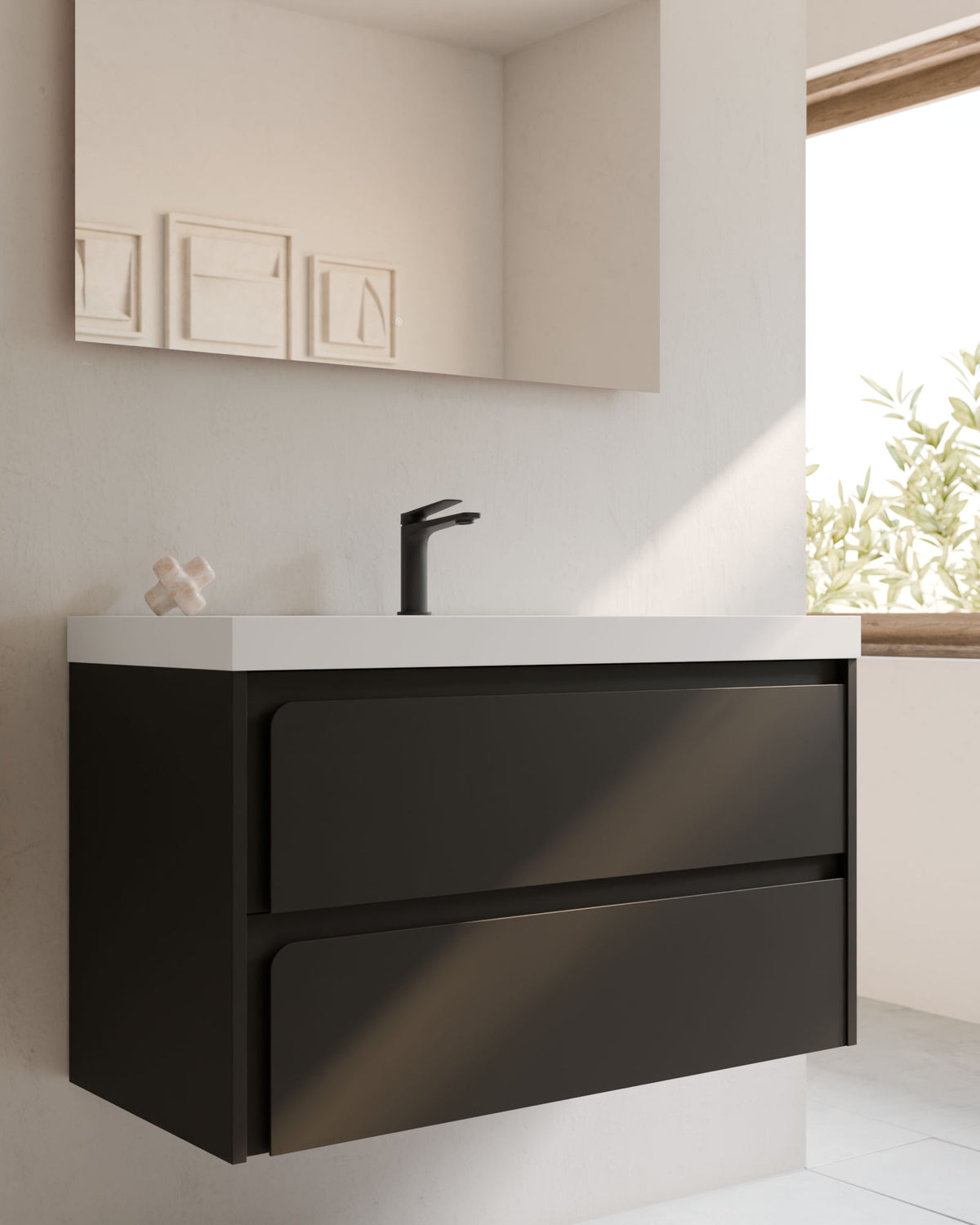 Cyra 2 cajones negro negro – con lavabo integrado Ardelia Blanco, Faldón 6 cm, con agujero de grifo, primer plano
