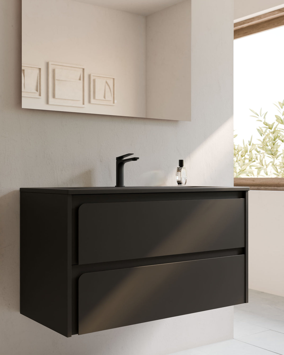 Cyra 2 cajones negro negro – con lavabo integrado Meira Negro, Faldón 2 cm, con agujero de grifo, primer plano