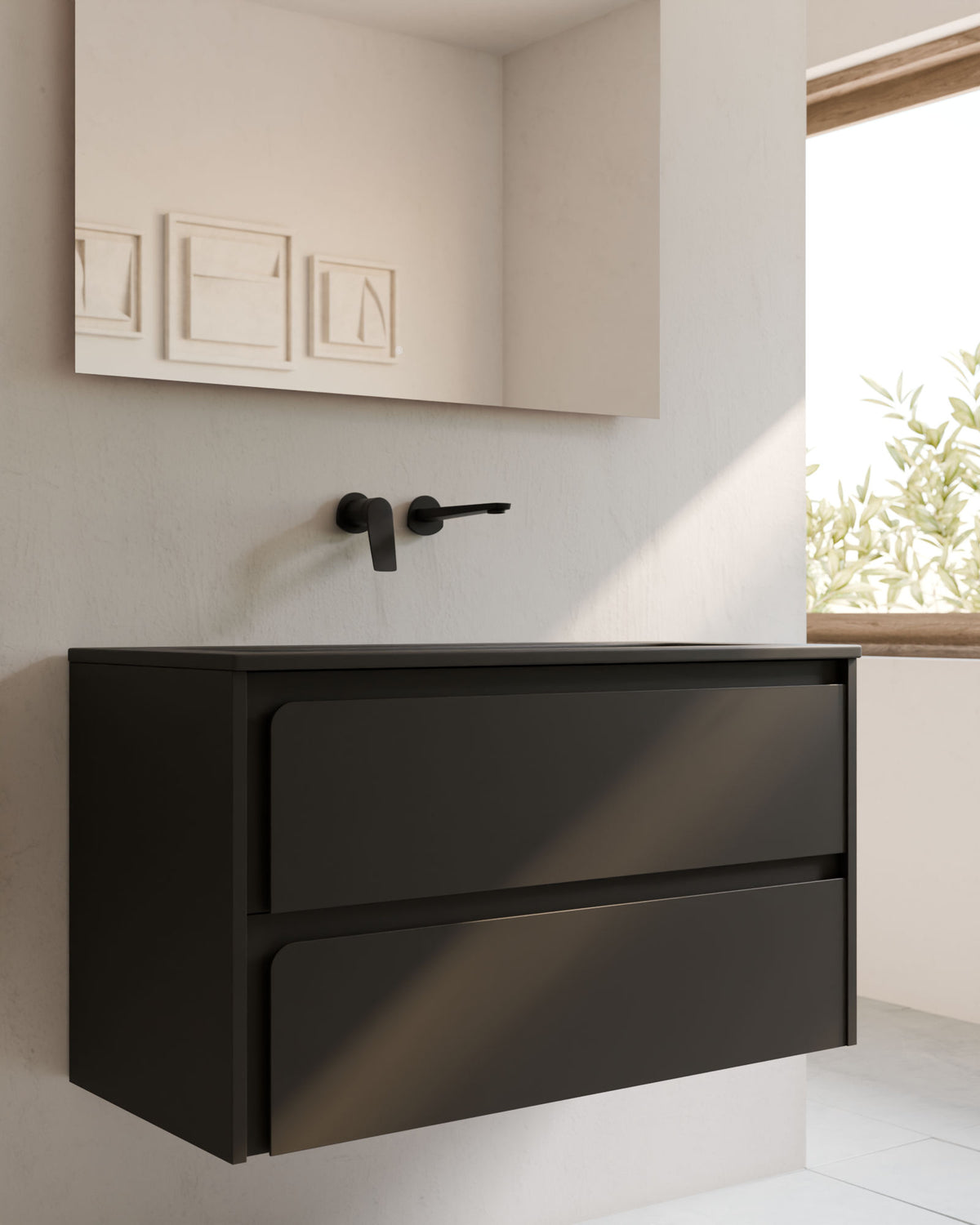Cyra 2 cajones negro negro – con lavabo integrado Meira Negro, Faldón 2 cm, sin agujero de grifo, primer plano