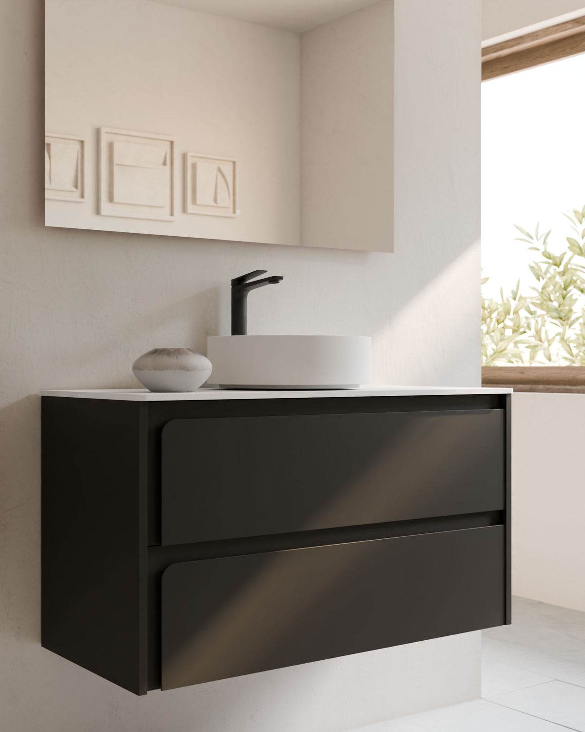 Cyra 2 cajones negro negro – con encimera Blanco, primer plano
