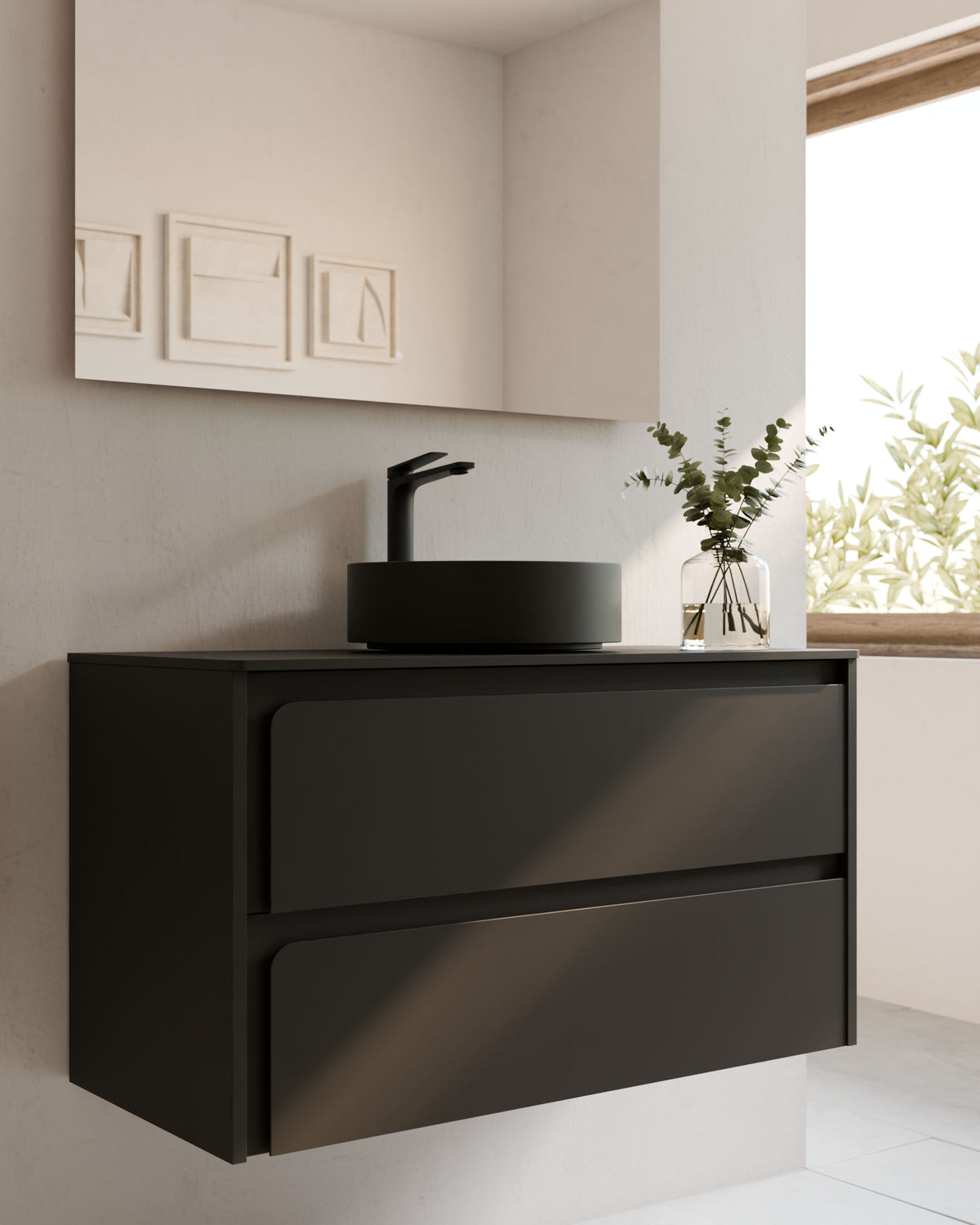 Cyra 2 cajones negro negro – con encimera Negro, primer plano