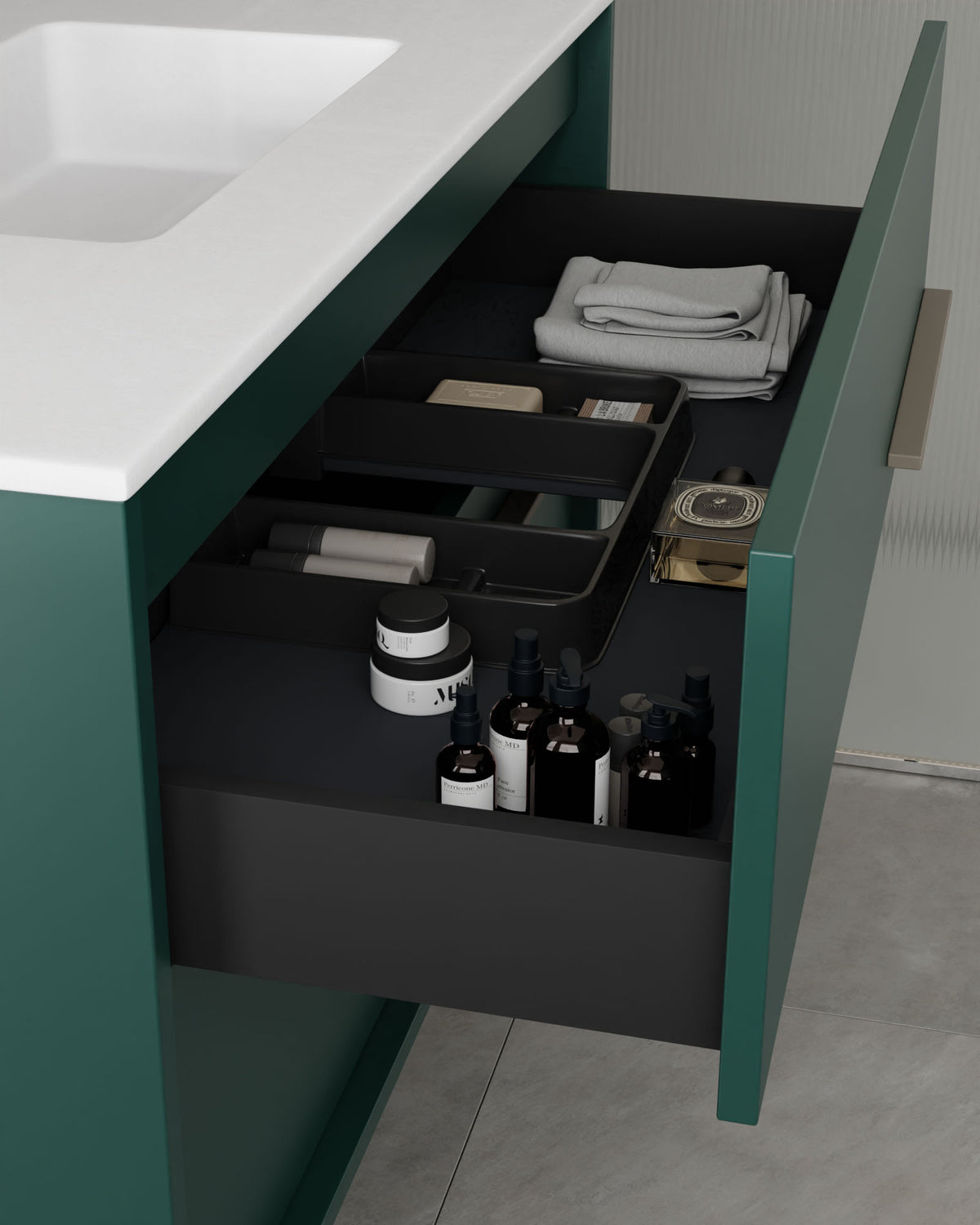 Marel 2 tiroirs Émeraude Quartz – avec plan vasque Toren Blanc, Tablier 2 cm, avec trou de robinet, vue du tiroir