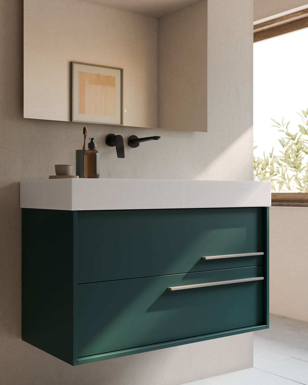 Marel 2 tiroirs Émeraude Quartz – avec plan vasque Toren Blanc, Tablier 10 cm, sans trou de robinet, gros plan