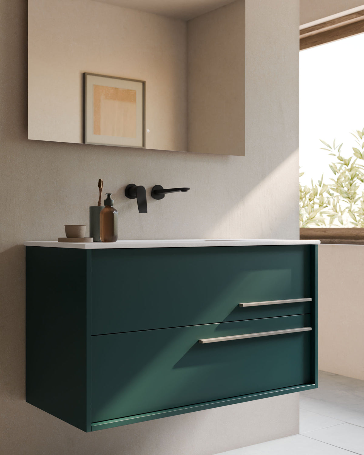 Marel 2 tiroirs Émeraude Quartz – avec plan vasque Toren Blanc, Tablier 2 cm, sans trou de robinet, gros plan