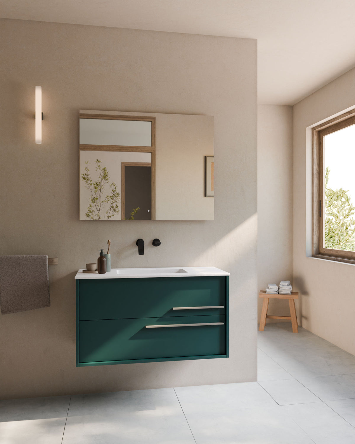 Marel 2 tiroirs Émeraude Quartz – avec plan vasque Toren Blanc, Tablier 2 cm, sans trou de robinet, vue de face