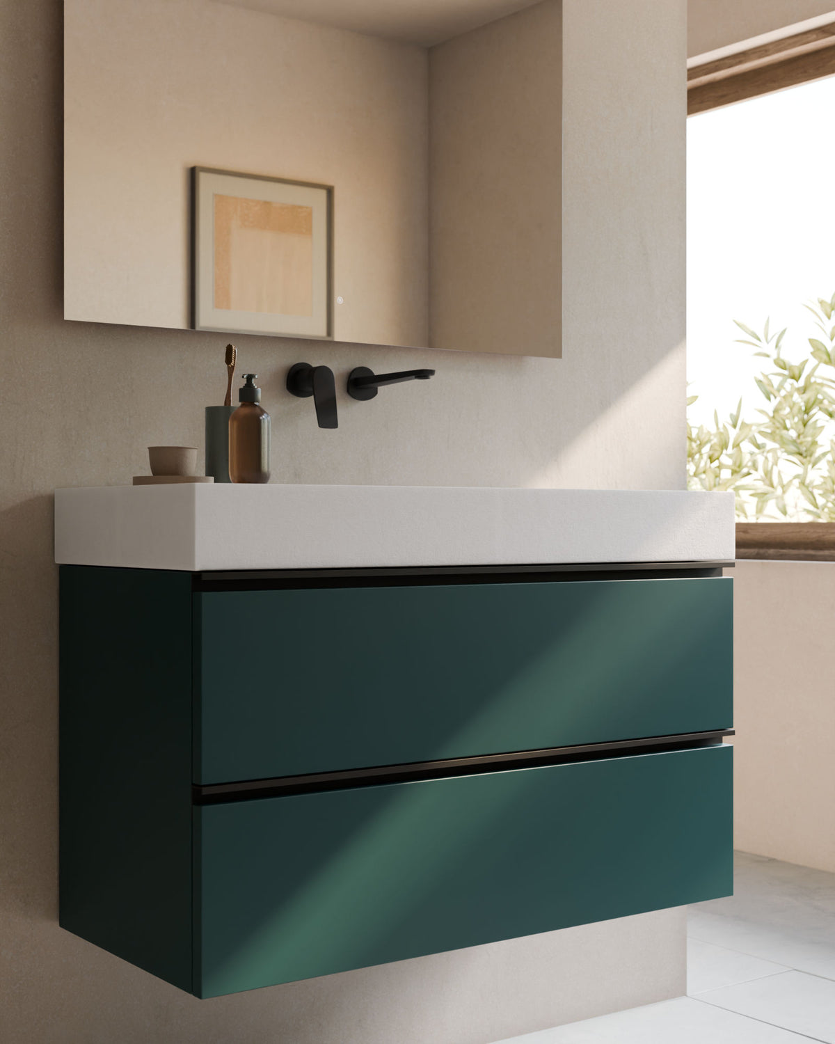 Ronda 2 cajones esmeralda negro – con lavabo integrado Toren Blanco, Faldón 10 cm, sin agujero de grifo, primer plano