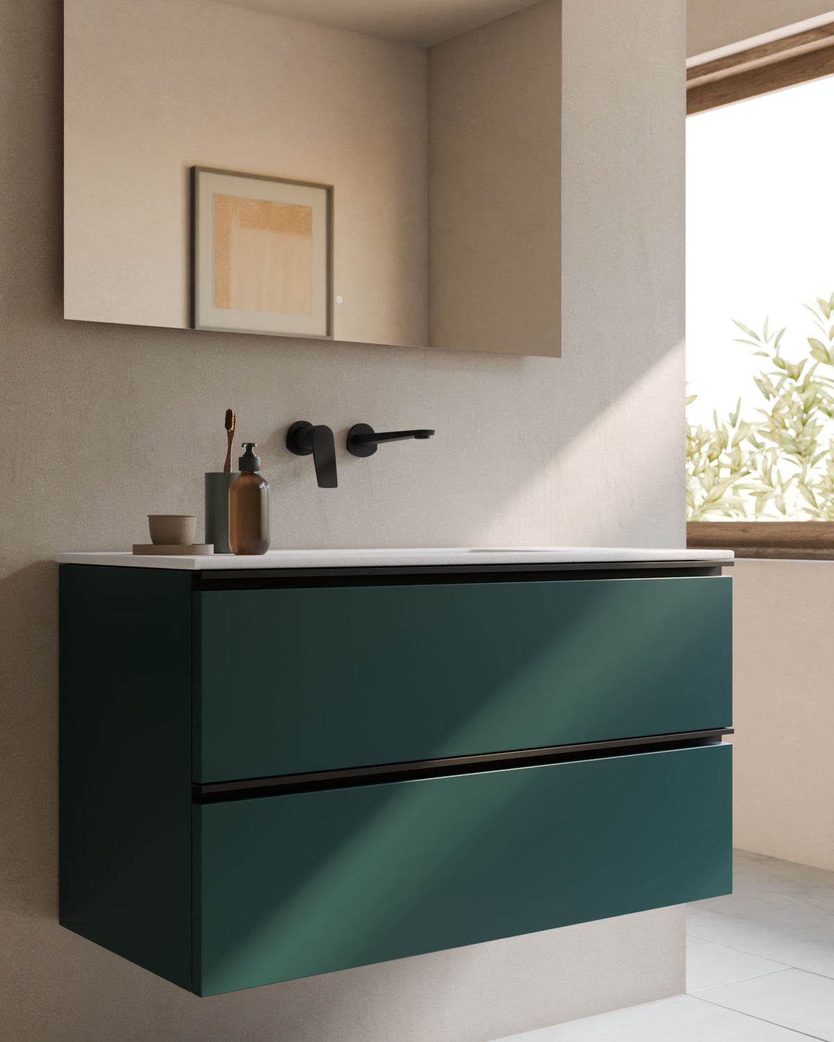 Ronda 2 cajones esmeralda negro – con lavabo integrado Toren Blanco, Faldón 2 cm, sin agujero de grifo, primer plano