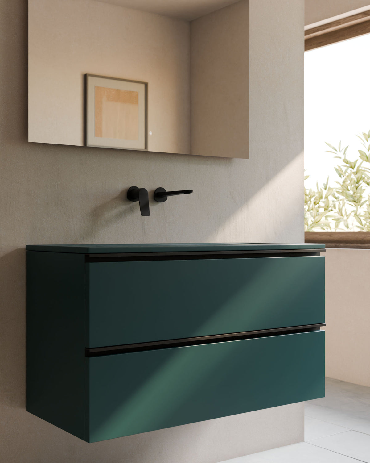 Ronda 2 cajones esmeralda negro – con lavabo integrado Meira Esmeralda, Faldón 2 cm, sin agujero de grifo, primer plano