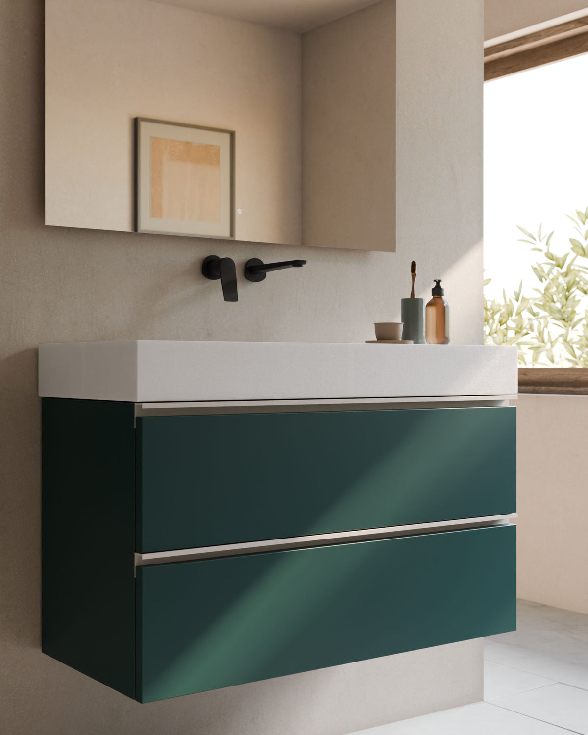 Ronda 2 cajones esmeralda blanco – con lavabo integrado Toren Blanco, Faldón 10 cm, sin agujero de grifo, primer plano