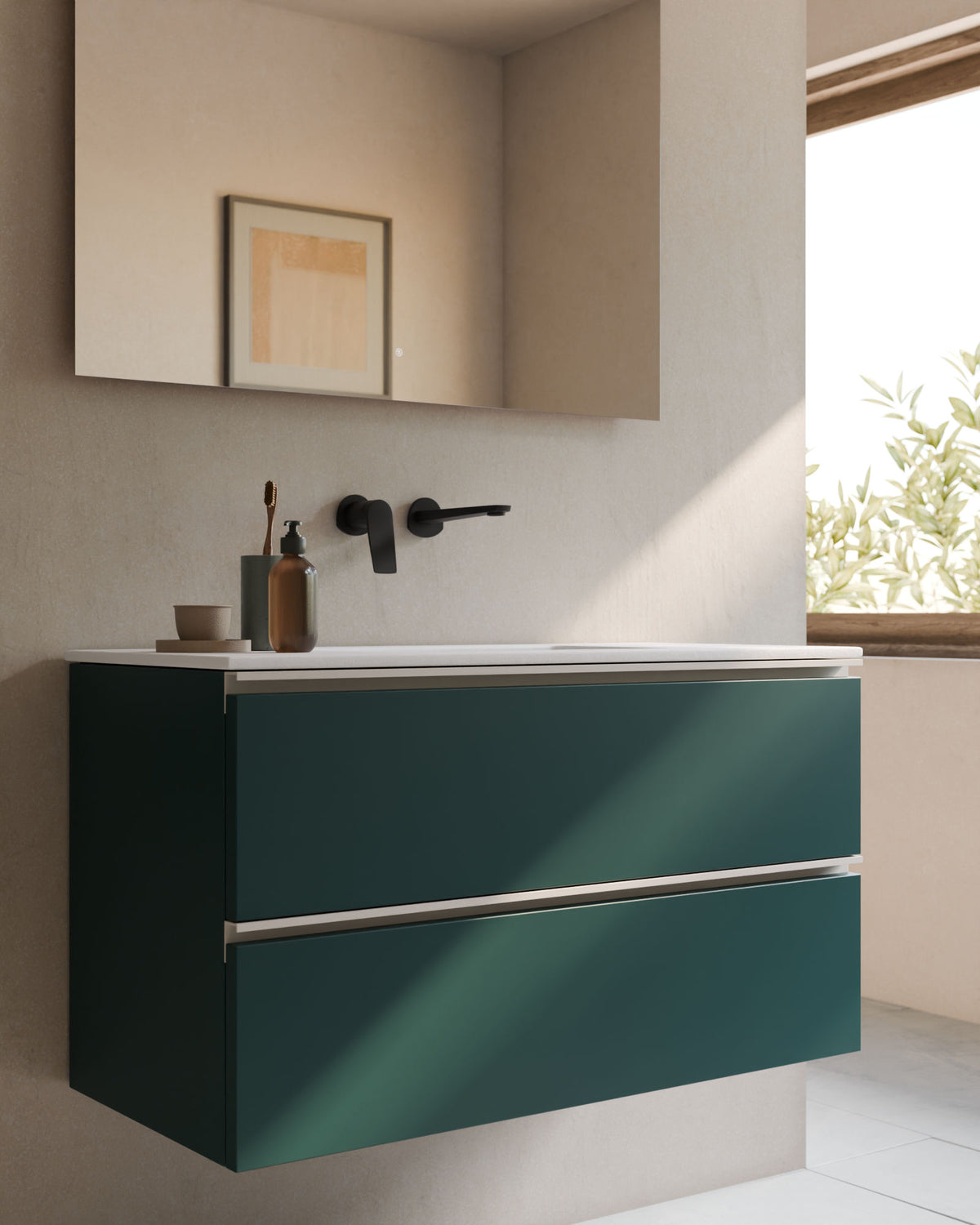 Ronda 2 cajones esmeralda blanco – con lavabo integrado Toren Blanco, Faldón 2 cm, sin agujero de grifo, primer plano