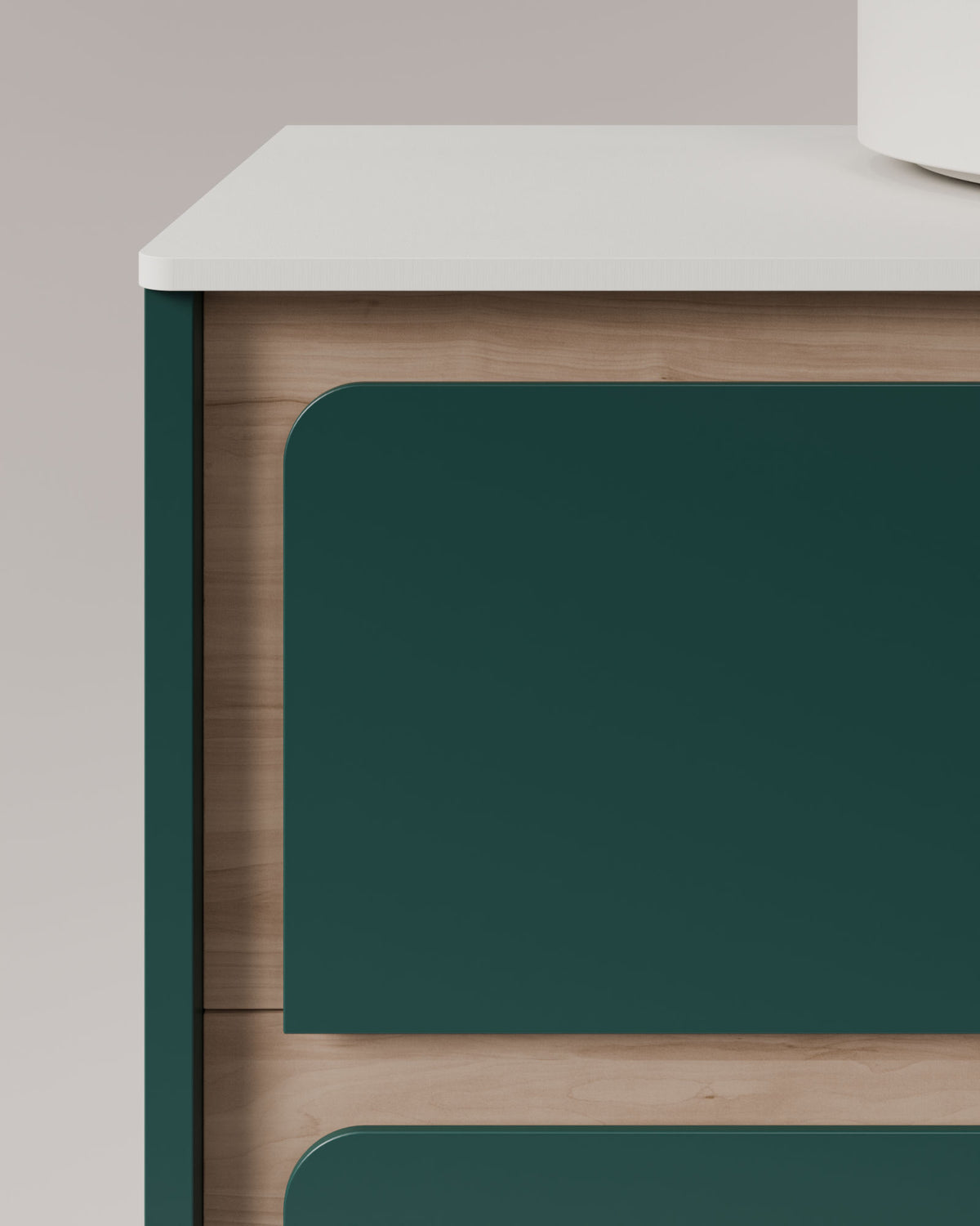 Cyra 2 Schubladen Smaragd Eiche Elfenbein – mit Arbeitsplatte Weiß, Detailansicht