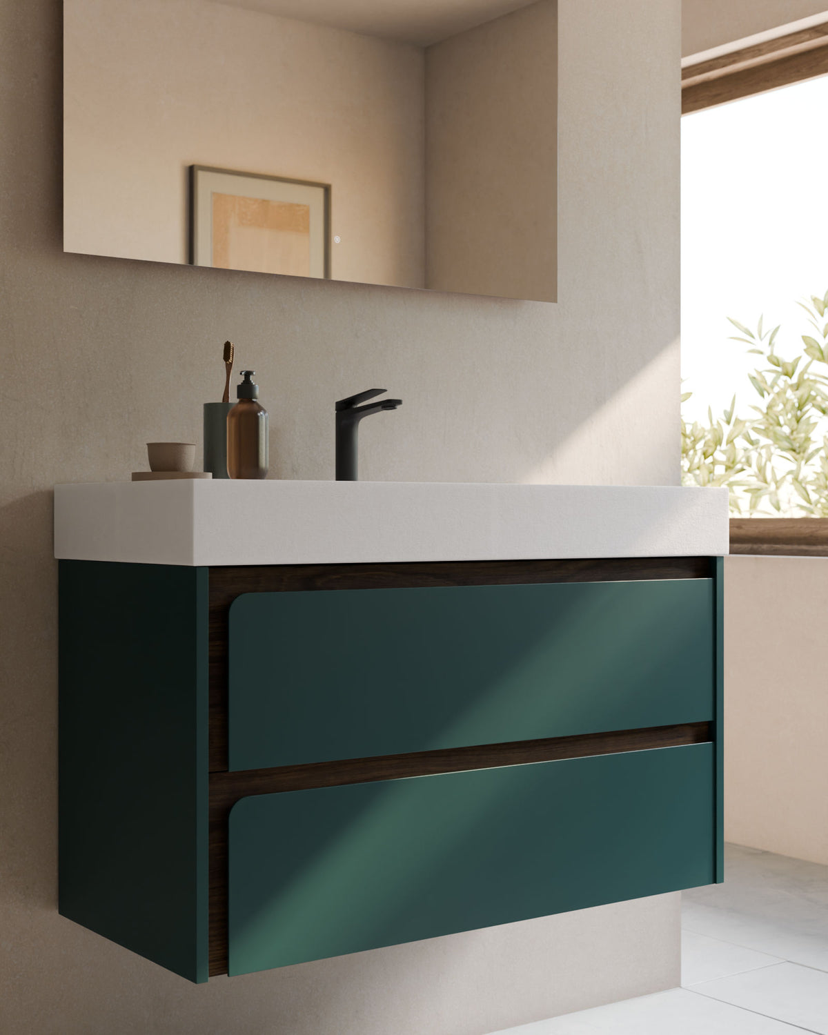 Cyra 2 cajones esmeralda nogal – con lavabo integrado Toren Blanco, Faldón 10 cm, con agujero de grifo, primer plano